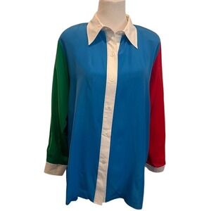 Linea by Louis Dell'Olio Silk Colorblock Button Down Blouse Blue‎ Red Green 1X